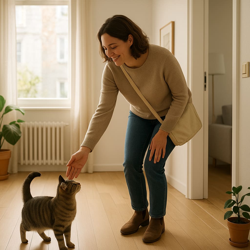 Petsitter begrüsst eine Katze in einer Wohnung in Zürich