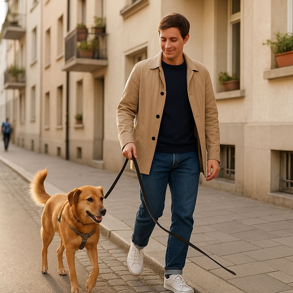 Petsitter mit Hund auf einem ruhigen Gehweg